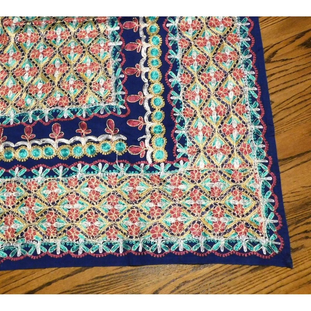 Aghabani Tablecloth & 12 Napkins Set Multicolor Embroidered on Blue 96x56 Inches - Picture 10 of 14